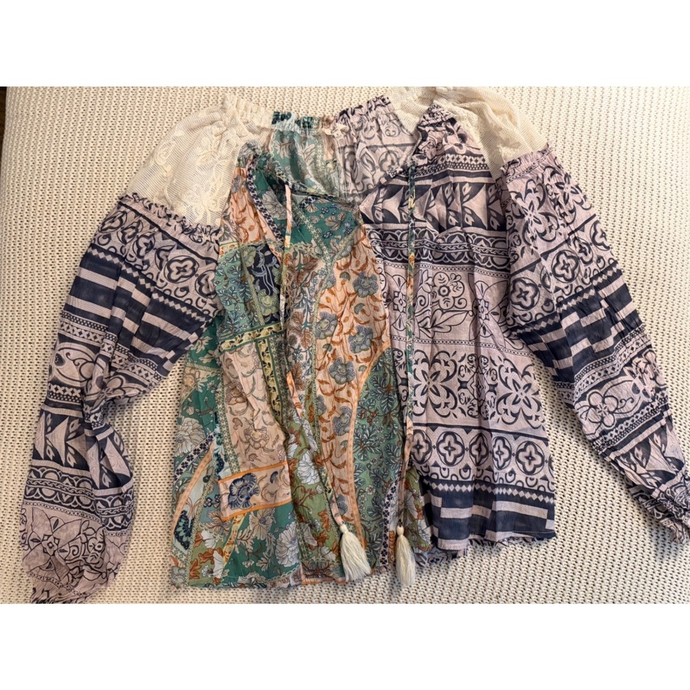 Easel Los Angeles Boho Patchwork Lace Oversized Blouse Top Small Mixed Print